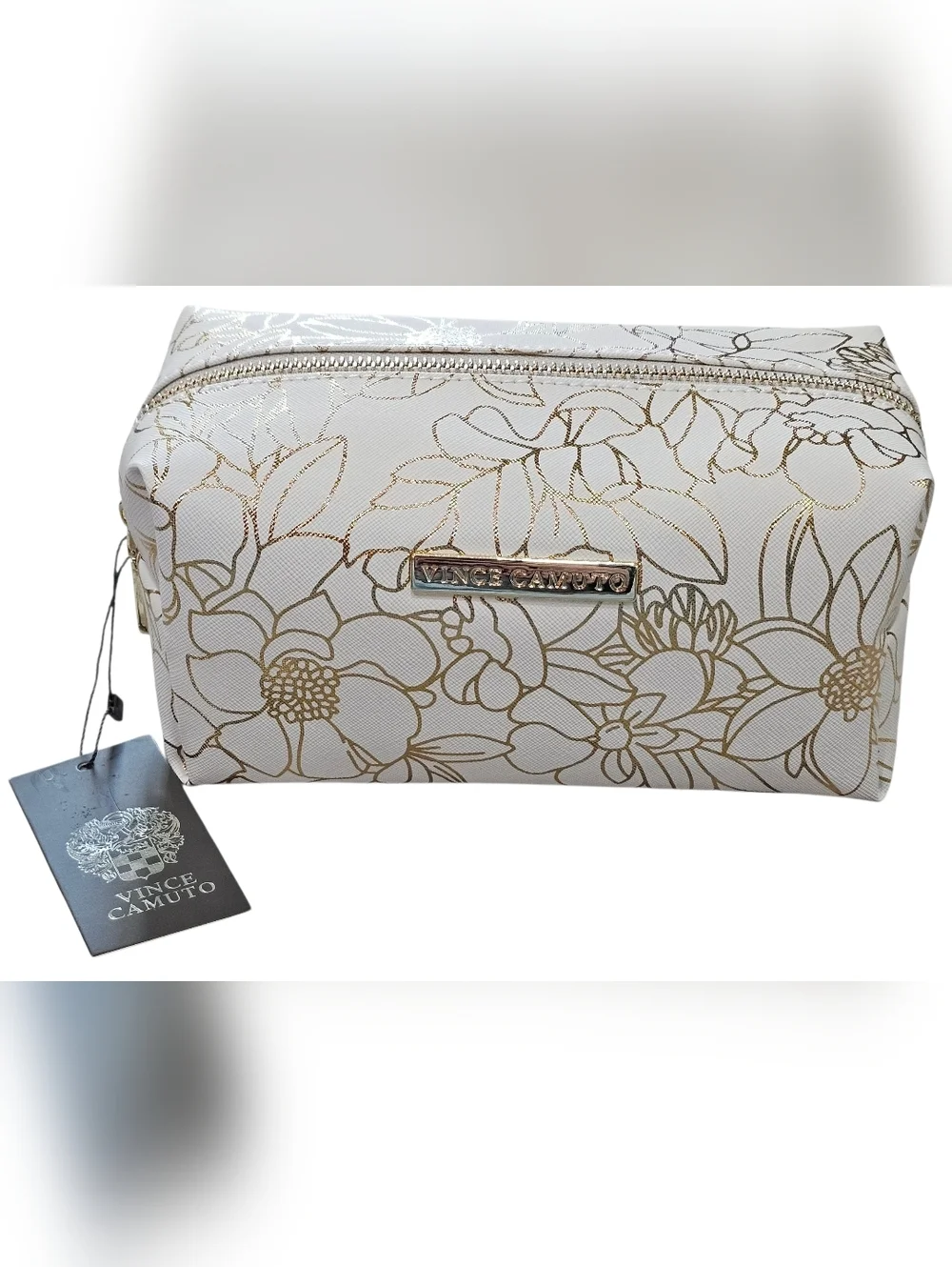 Vince Camuto Cream & Gold Floral Cosmetic Bag, New